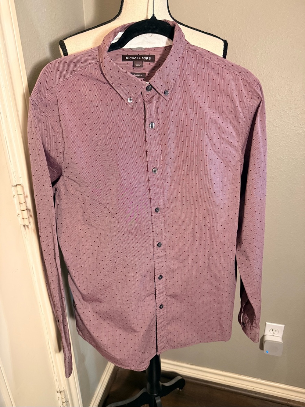 Michael Kors Men's Dusty Mauve Button-Down Shirt with Wine coloreMicro Dot Print